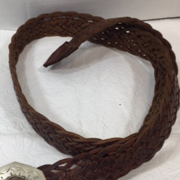 VTG Moroccan Brown Leather Braided Belt w/Octagon Silver Toned Brass Buckle main image 7